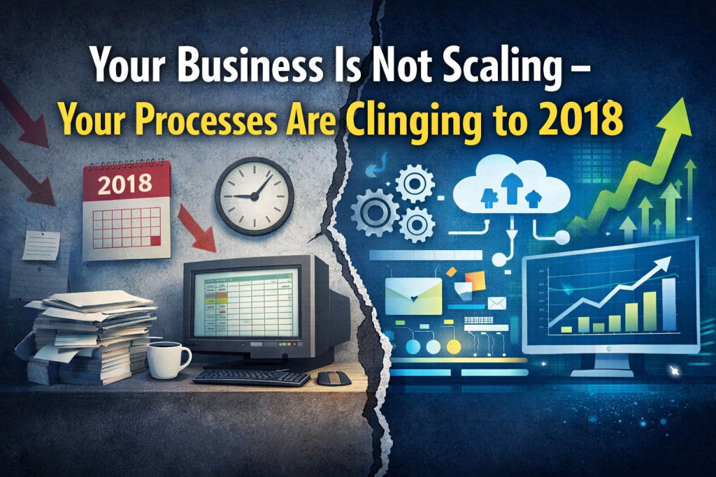 Your business is not scaling due to outdated 2018 processes contrasted with modern scalable business systems.