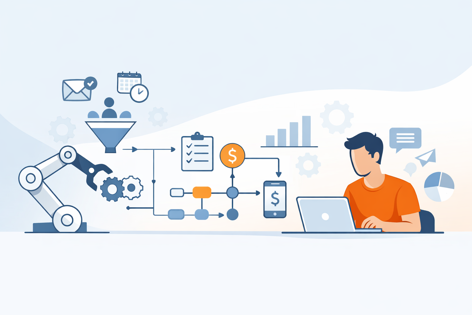 Minimal flat-style horizontal illustration of a founder working on a laptop while automated workflows, icons, and a robotic arm with gears symbolize business process automation, lead funnels, payments, and analytics in a clean blue and orange design.