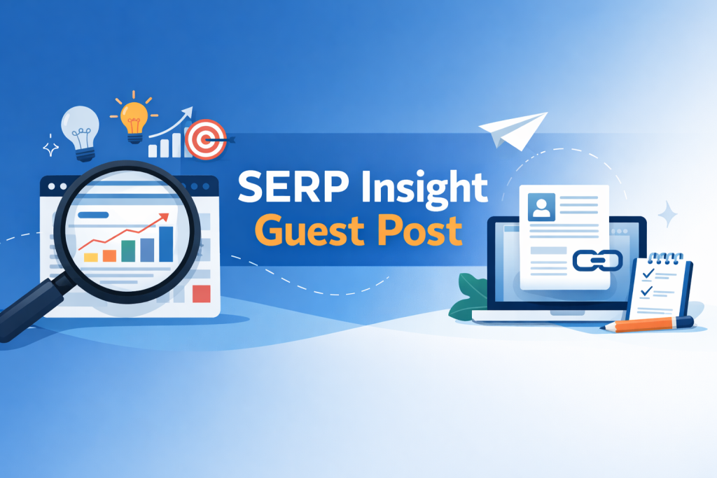 Minimal horizontal blog cover illustration showing a magnifying glass over a search engine results page with analytics graph, bold text “SERP Insight Guest Post” in the center, and a laptop displaying a guest article with a backlink icon on a blue gradient background.