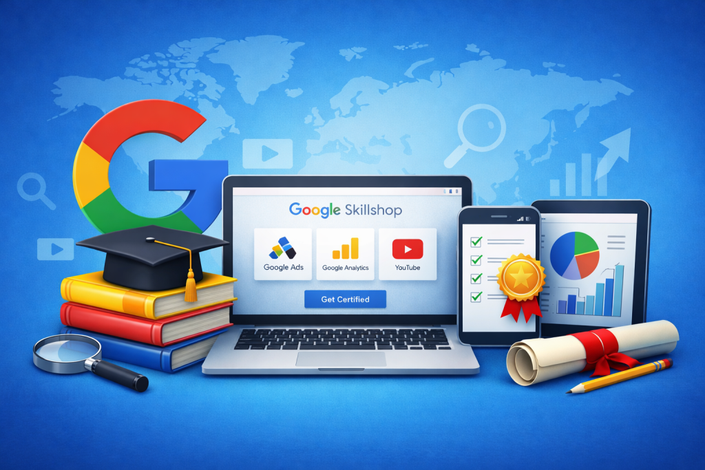 Horizontal cover image showing Google Skillshop online training platform on a laptop screen, surrounded by Google Ads, Google Analytics, and YouTube icons, certification badge, books with graduation cap, diploma scroll, and marketing analytics charts on a blue background.