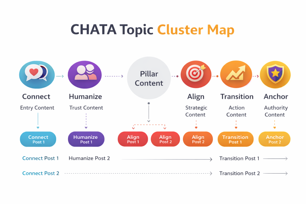 Minimalist horizontal infographic showing the CHATA topic cluster structure, mapping Connect, Humanize, Align, Transition, and Anchor stages into a unified content pillar and supporting articles.