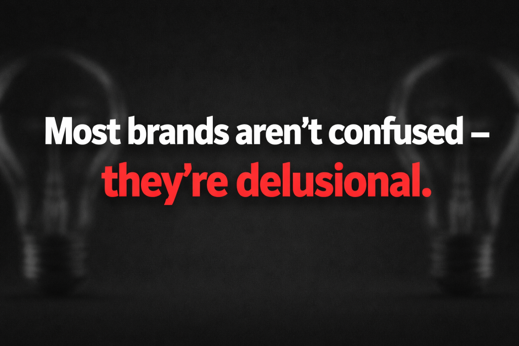 Minimalist horizontal blog cover with bold white and red typography on a dark background reading “Most brands aren’t confused — they’re delusional,” with the word “delusional” highlighted in red for emphasis.